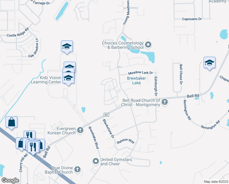 map of restaurants, bars, coffee shops, grocery stores, and more near 5050 Bell Road in Montgomery
