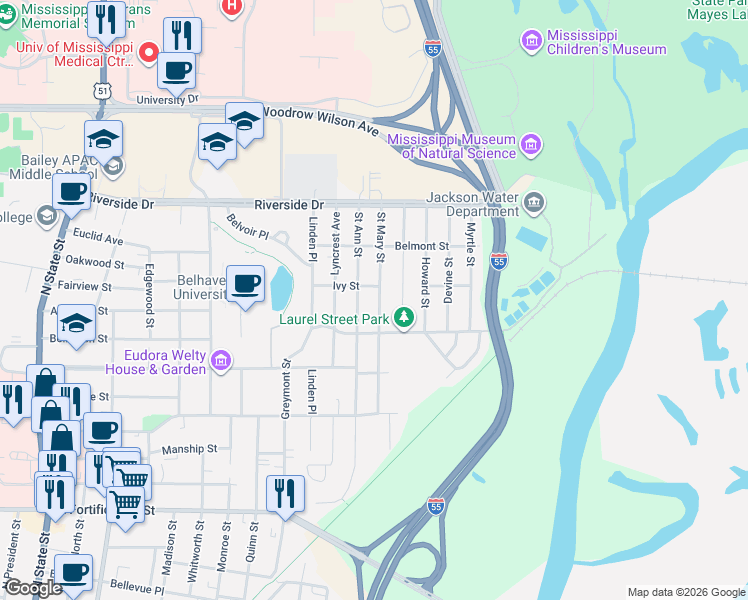map of restaurants, bars, coffee shops, grocery stores, and more near 1702 Saint Mary Street in Jackson