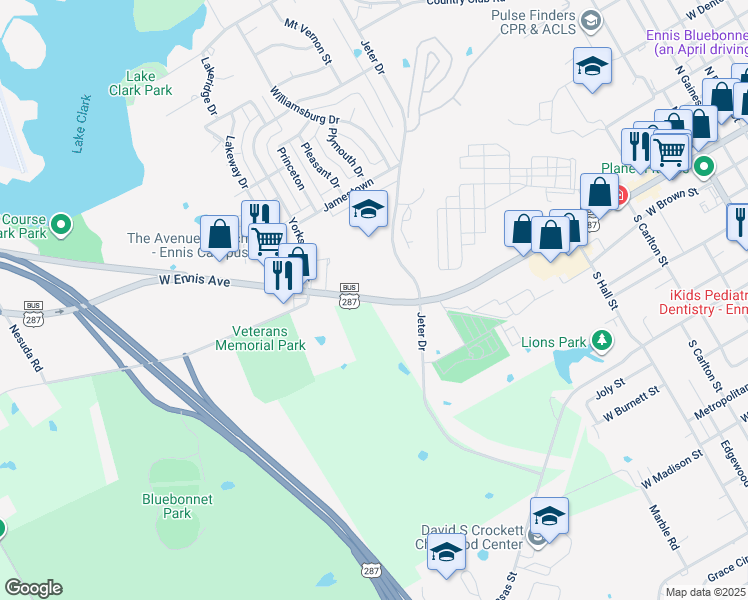 map of restaurants, bars, coffee shops, grocery stores, and more near 2104 W Ennis Ave in Ennis