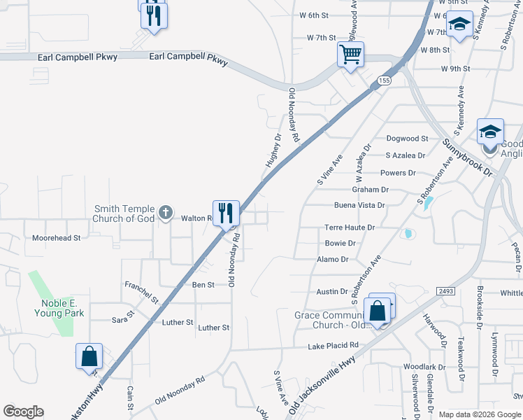 map of restaurants, bars, coffee shops, grocery stores, and more near 2726 Walker Street in Tyler