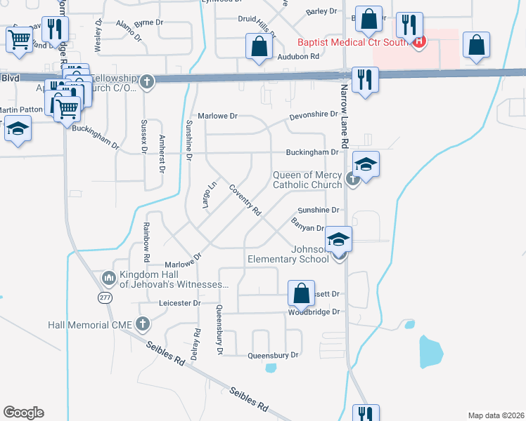 map of restaurants, bars, coffee shops, grocery stores, and more near 4513 Coventry Road in Montgomery