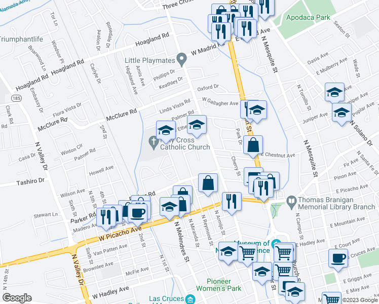 map of restaurants, bars, coffee shops, grocery stores, and more near 496 West Chestnut Avenue in Las Cruces