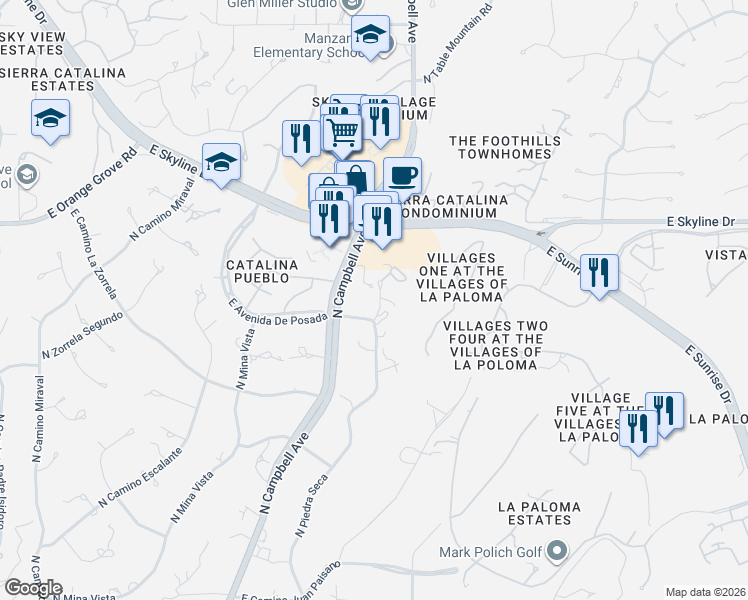 map of restaurants, bars, coffee shops, grocery stores, and more near 6250 North Cerrada Moreno in Tucson