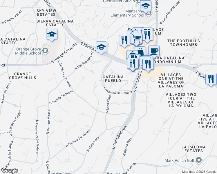 map of restaurants, bars, coffee shops, grocery stores, and more near 2575 East Avenida De Posada in Tucson