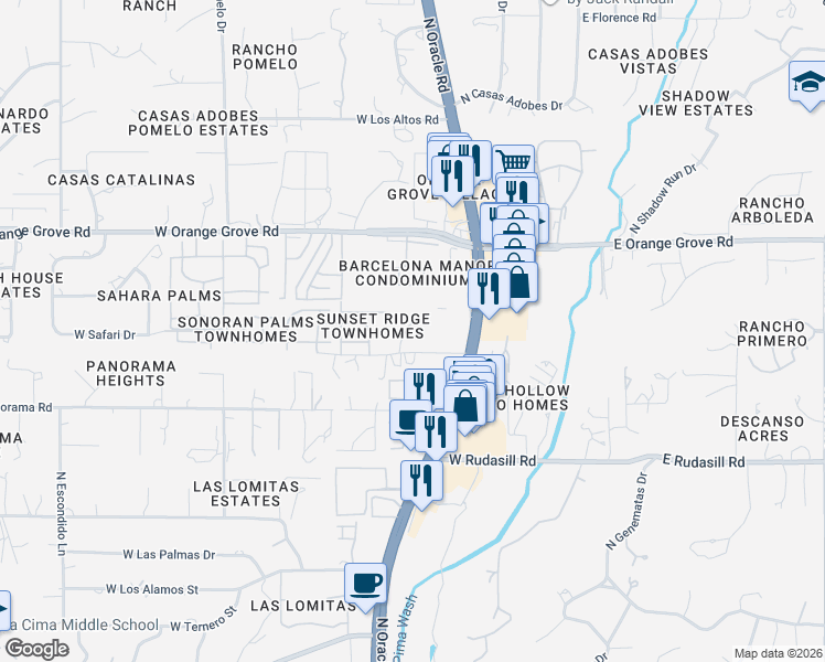 map of restaurants, bars, coffee shops, grocery stores, and more near 6261 North Saguaro Post Place in Tucson