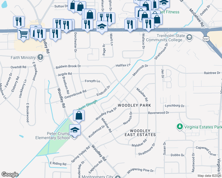 map of restaurants, bars, coffee shops, grocery stores, and more near 2748 Endicott Drive in Montgomery