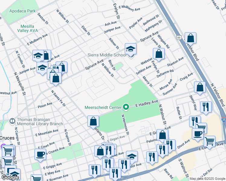 map of restaurants, bars, coffee shops, grocery stores, and more near 1334 Lynx Trail in Las Cruces