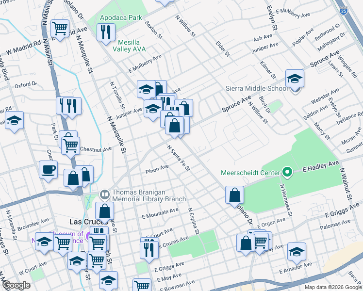 map of restaurants, bars, coffee shops, grocery stores, and more near 1103 North Solano Drive in Las Cruces