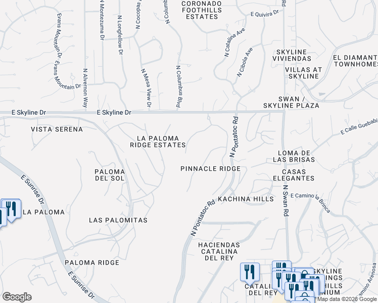 map of restaurants, bars, coffee shops, grocery stores, and more near 6389 North Pinnacle Ridge Drive in Tucson