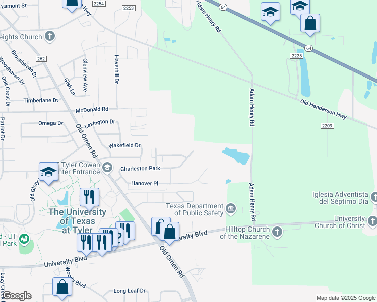 map of restaurants, bars, coffee shops, grocery stores, and more near 4048 Charleston Park in Tyler