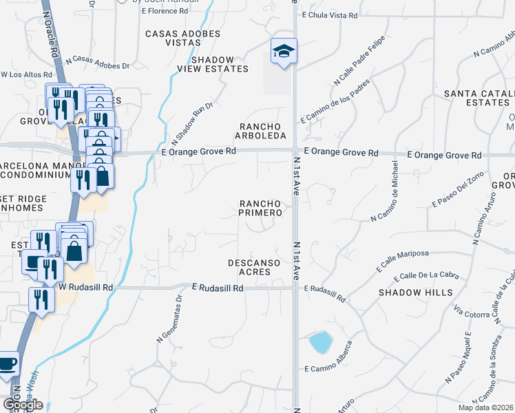 map of restaurants, bars, coffee shops, grocery stores, and more near 508 East Squirrel Tail Drive in Tucson