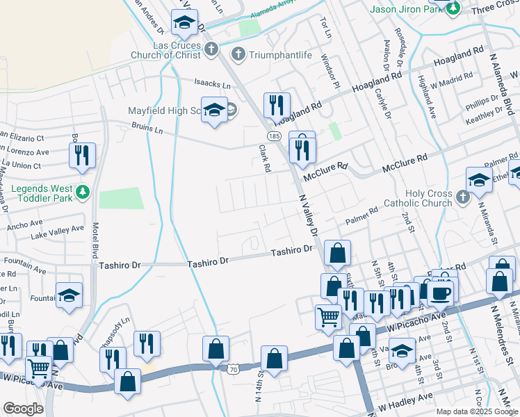 map of restaurants, bars, coffee shops, grocery stores, and more near 1647 Casita Court in Las Cruces