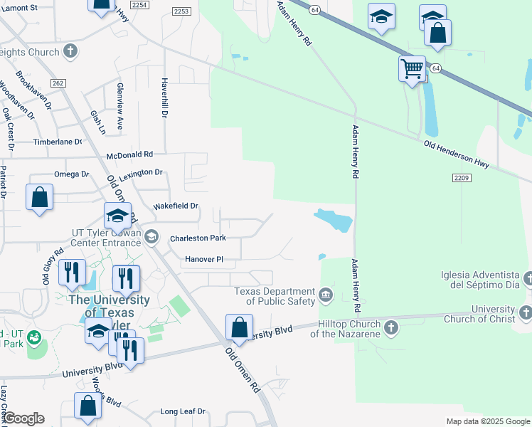 map of restaurants, bars, coffee shops, grocery stores, and more near 4048 Charleston Park in Tyler