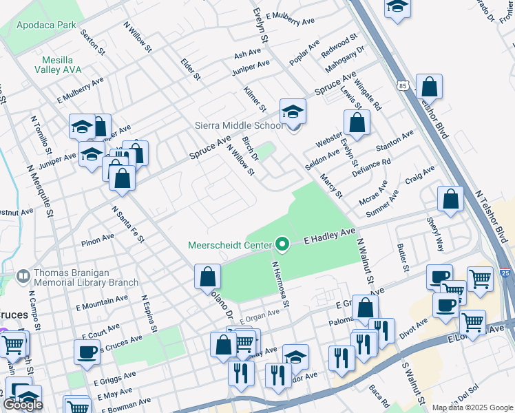 map of restaurants, bars, coffee shops, grocery stores, and more near 1338 Lynx Trail in Las Cruces