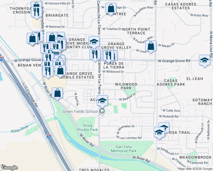 map of restaurants, bars, coffee shops, grocery stores, and more near 3290 West Cinnamon Drive in Tucson