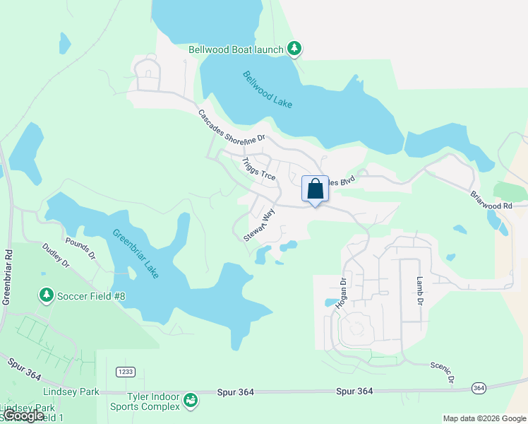 map of restaurants, bars, coffee shops, grocery stores, and more near 2890 Stewart Way in Tyler
