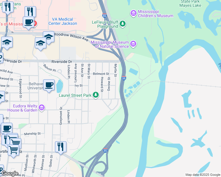 map of restaurants, bars, coffee shops, grocery stores, and more near 1702 Devine Street in Jackson