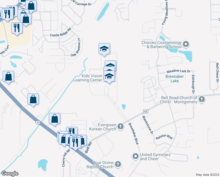 map of restaurants, bars, coffee shops, grocery stores, and more near 4445 Brewbaker Drive in Montgomery