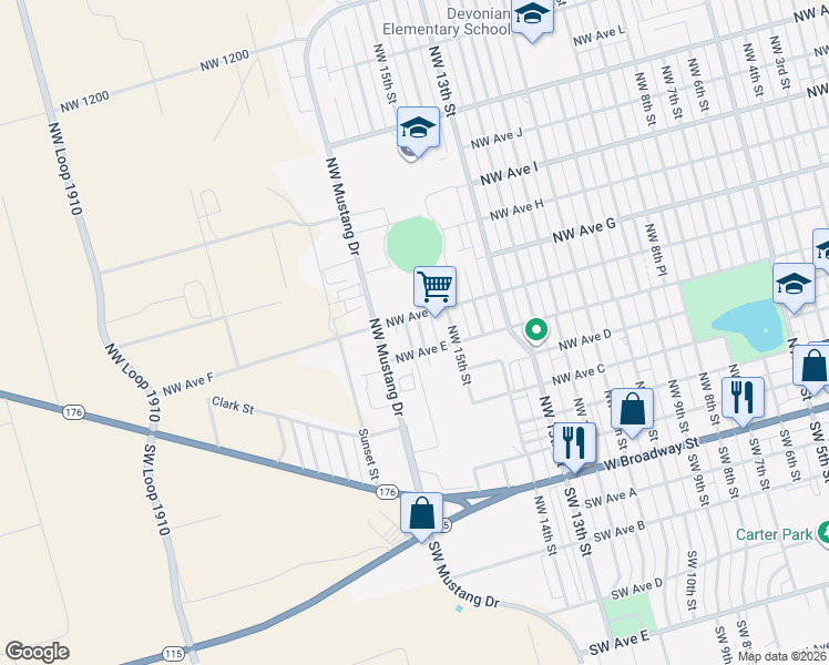 map of restaurants, bars, coffee shops, grocery stores, and more near 1601 Northwest Ave F in Andrews
