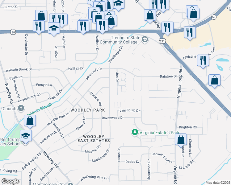 map of restaurants, bars, coffee shops, grocery stores, and more near 2672 Southmall Circle in Montgomery