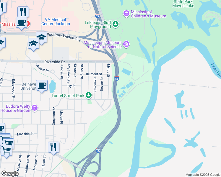 map of restaurants, bars, coffee shops, grocery stores, and more near 1706 Myrtle Street in Jackson