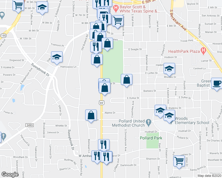 map of restaurants, bars, coffee shops, grocery stores, and more near 2600 South Broadway Avenue in Tyler