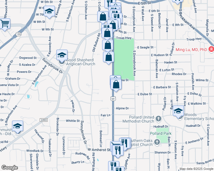 map of restaurants, bars, coffee shops, grocery stores, and more near 2715 South Broadway Avenue in Tyler