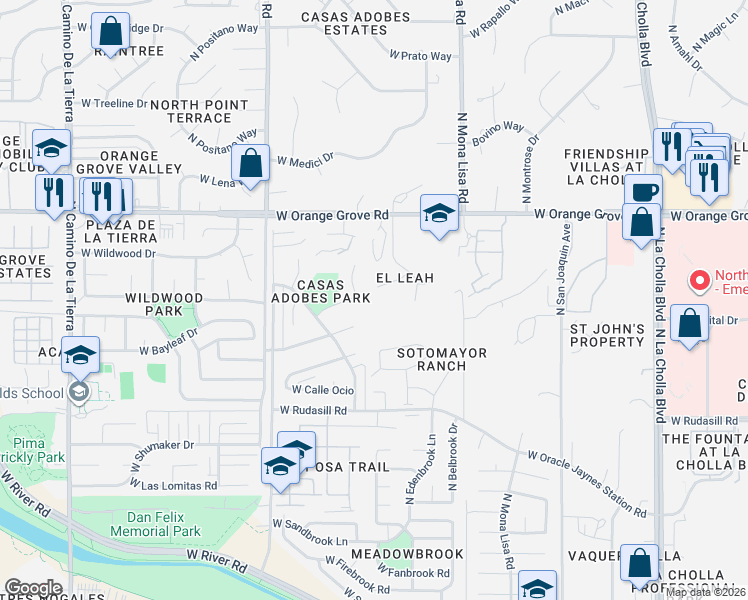 map of restaurants, bars, coffee shops, grocery stores, and more near 2661 West Calle Del Santo in Tucson