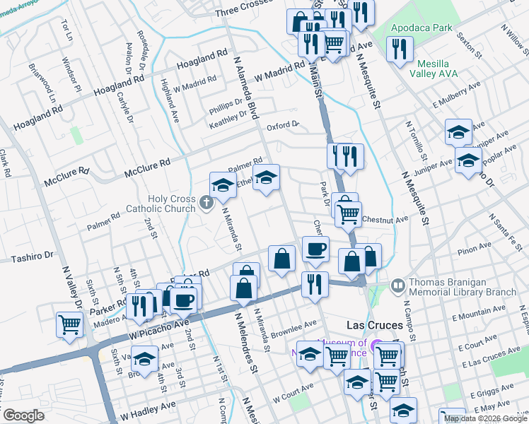 map of restaurants, bars, coffee shops, grocery stores, and more near 401 West Chestnut Avenue in Las Cruces