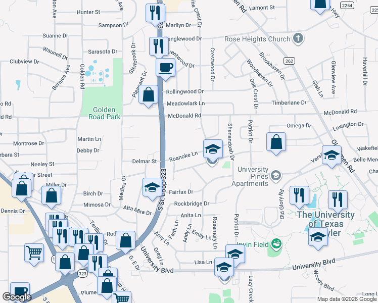 map of restaurants, bars, coffee shops, grocery stores, and more near 2816 Roanoke Lane in Tyler