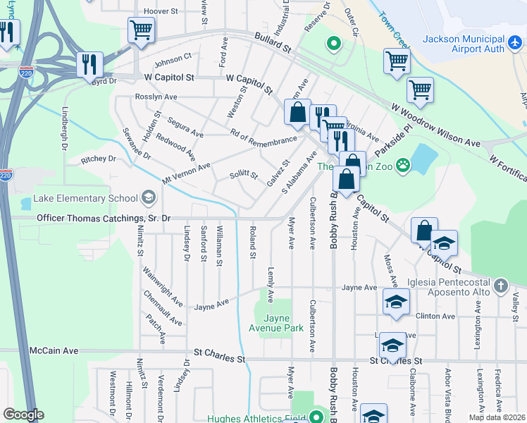 map of restaurants, bars, coffee shops, grocery stores, and more near 408 Galvez Street in Jackson
