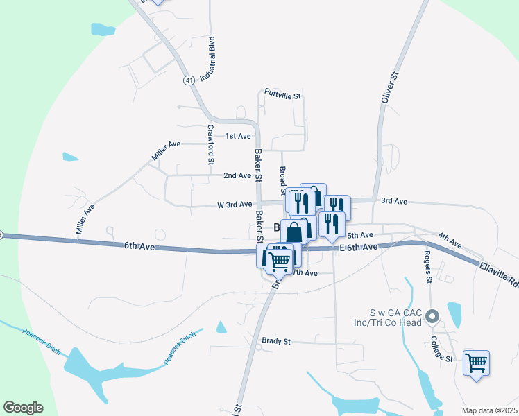 map of restaurants, bars, coffee shops, grocery stores, and more near Baker Street in Buena Vista
