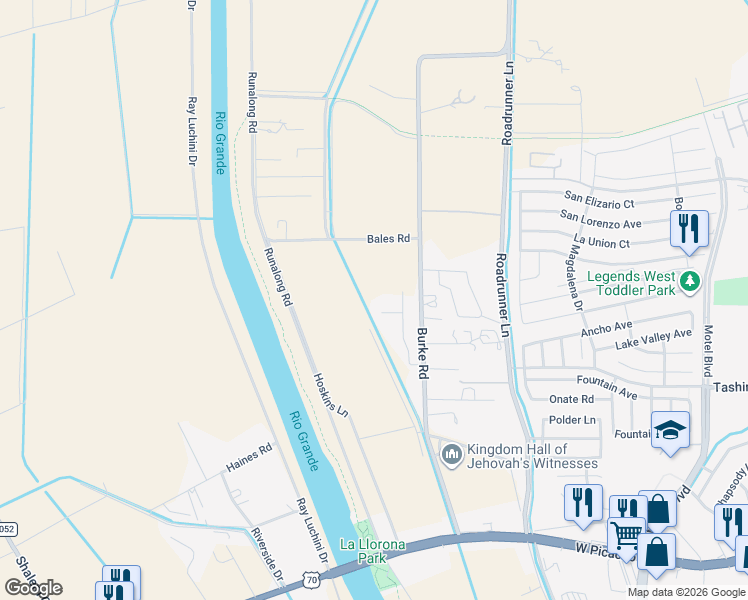 map of restaurants, bars, coffee shops, grocery stores, and more near 3408 Del Rio Court in Las Cruces
