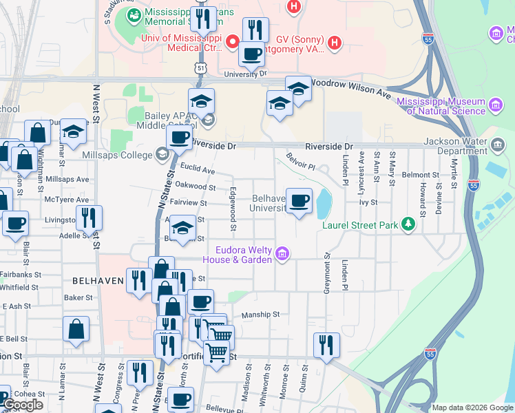 map of restaurants, bars, coffee shops, grocery stores, and more near 914 Fairview Street in Jackson