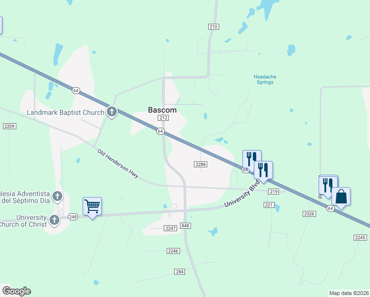 map of restaurants, bars, coffee shops, grocery stores, and more near 11580 State Highway 64 in Tyler