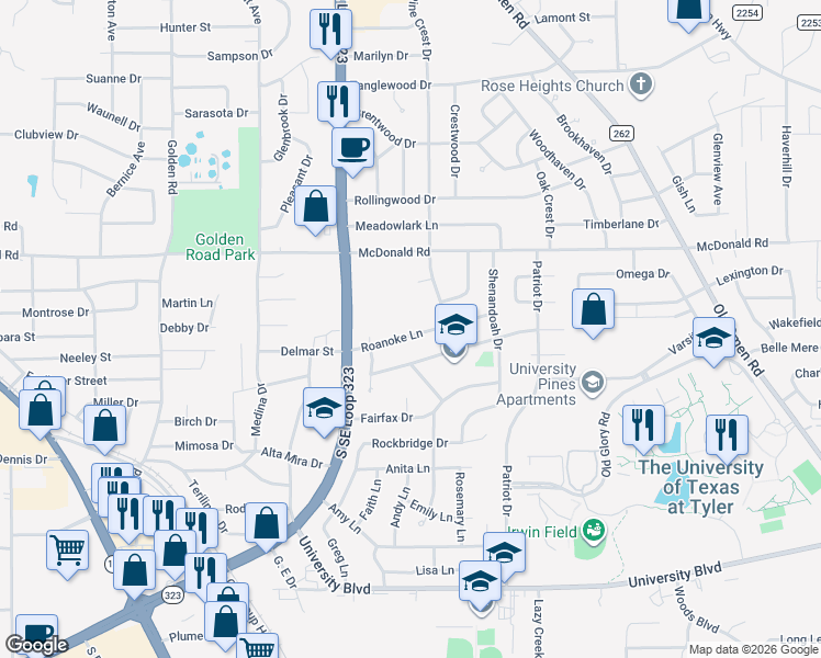 map of restaurants, bars, coffee shops, grocery stores, and more near 2816 Roanoke Lane in Tyler