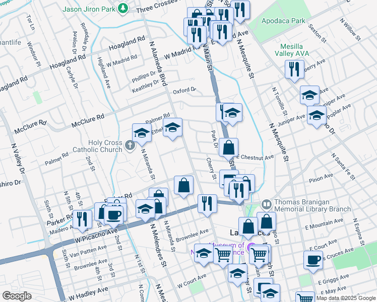 map of restaurants, bars, coffee shops, grocery stores, and more near 1302 North Alameda Boulevard in Las Cruces