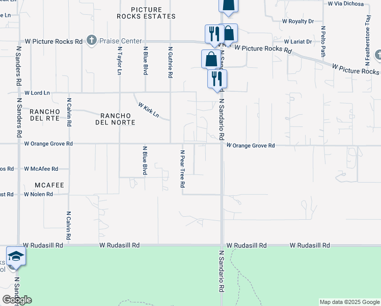 map of restaurants, bars, coffee shops, grocery stores, and more near 6363 North Brushtail Lane in Tucson