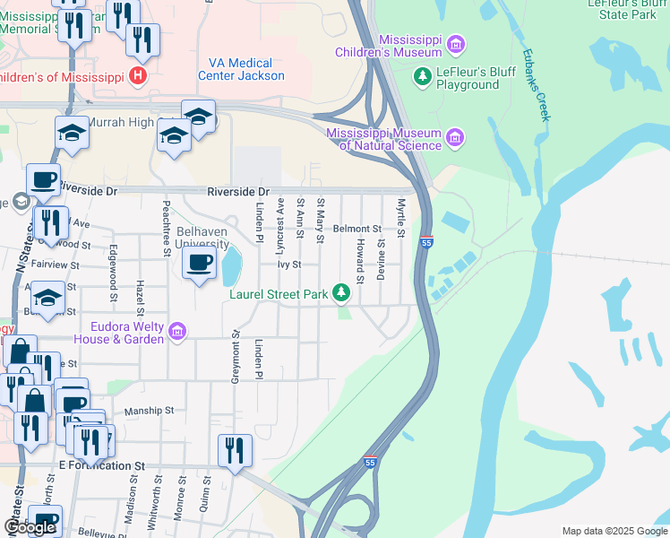 map of restaurants, bars, coffee shops, grocery stores, and more near 1633 Piedmont Street in Jackson