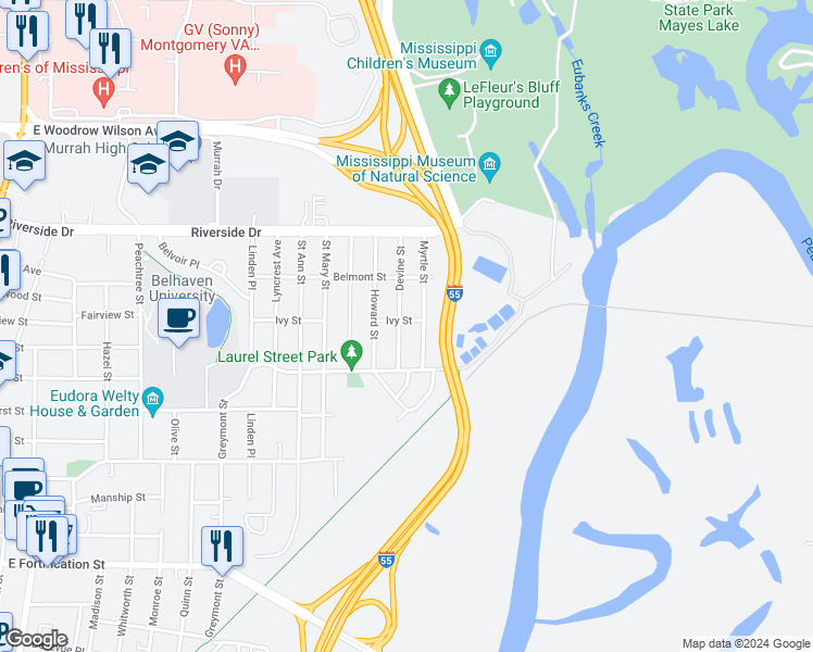 map of restaurants, bars, coffee shops, grocery stores, and more near 1628 Devine Street in Jackson