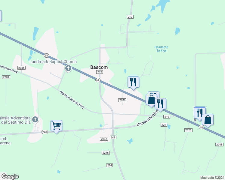 map of restaurants, bars, coffee shops, grocery stores, and more near 11682 State Highway 64 in Tyler