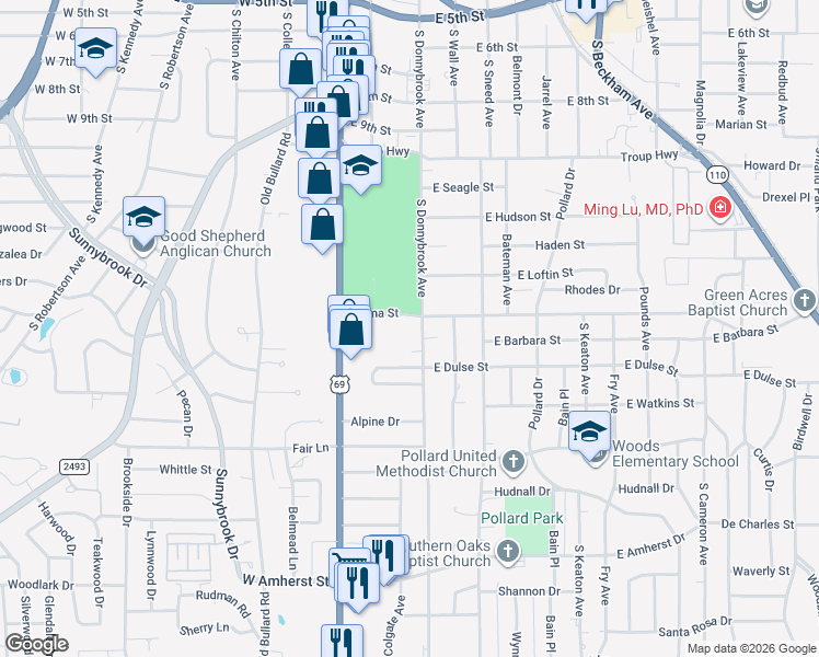 map of restaurants, bars, coffee shops, grocery stores, and more near 2701 South Donnybrook Avenue in Tyler