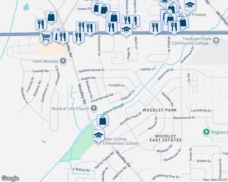 map of restaurants, bars, coffee shops, grocery stores, and more near 2716 Forsyth Lane in Montgomery
