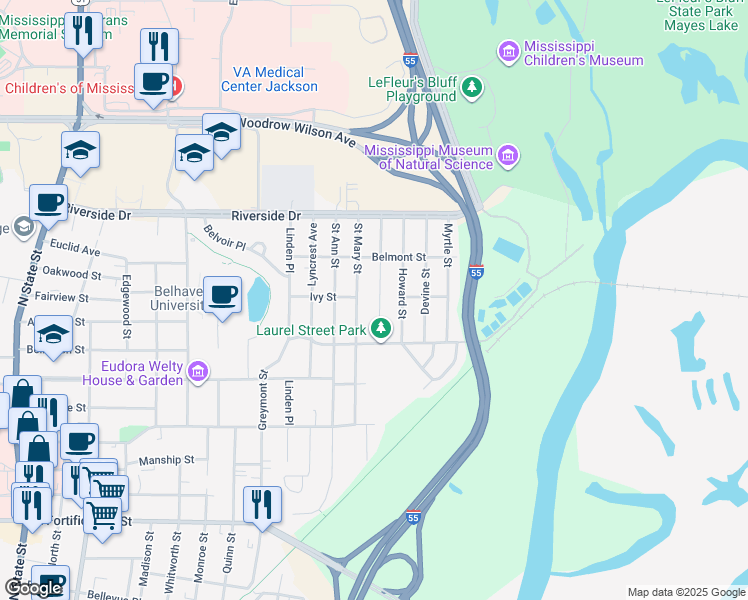map of restaurants, bars, coffee shops, grocery stores, and more near 1702 Saint Mary Street in Jackson