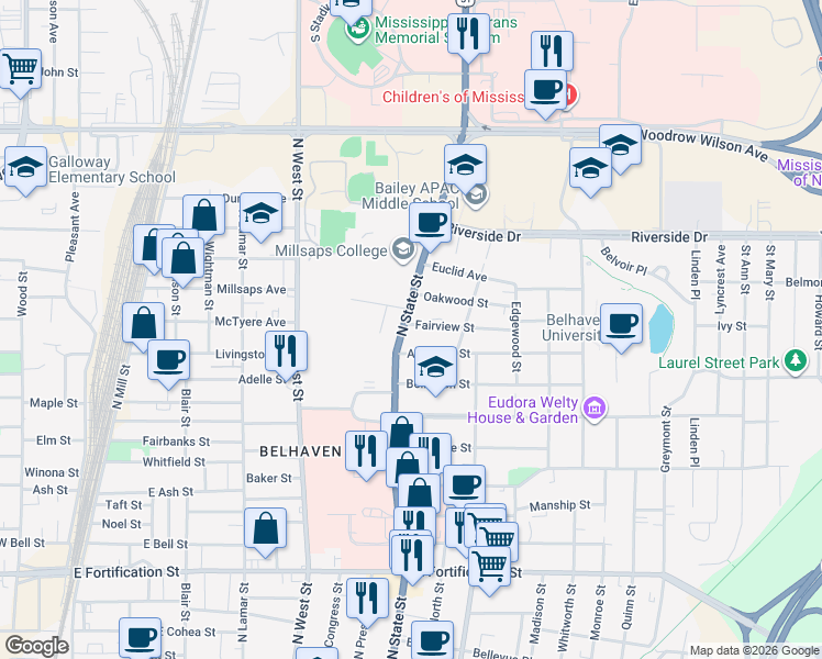 map of restaurants, bars, coffee shops, grocery stores, and more near 734 Fairview St in Jackson