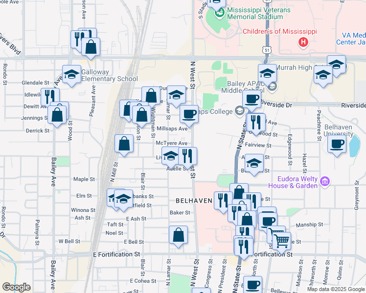 map of restaurants, bars, coffee shops, grocery stores, and more near 333 McTyere Avenue in Jackson