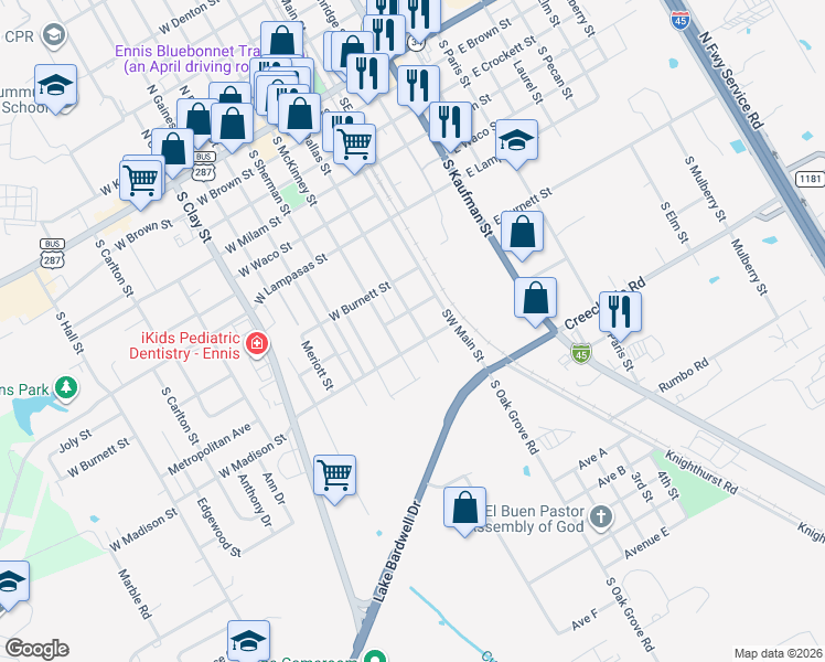 map of restaurants, bars, coffee shops, grocery stores, and more near 901 South Dallas Street in Ennis