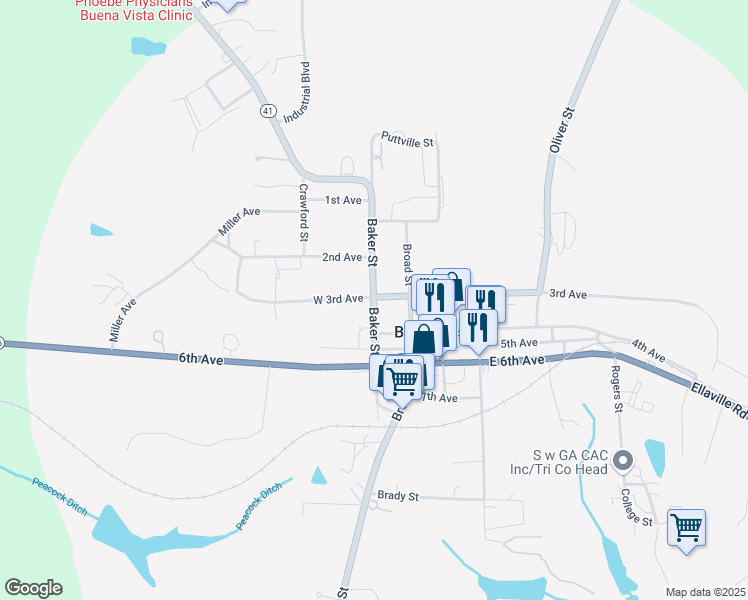 map of restaurants, bars, coffee shops, grocery stores, and more near Georgia 41 in Buena Vista
