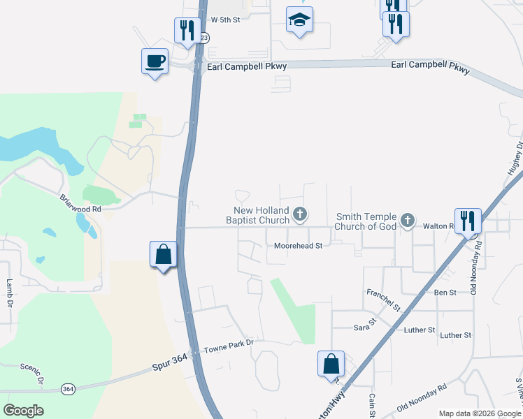 map of restaurants, bars, coffee shops, grocery stores, and more near 2717 Flint Street in Tyler