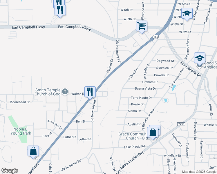 map of restaurants, bars, coffee shops, grocery stores, and more near 2726 Walker Street in Tyler